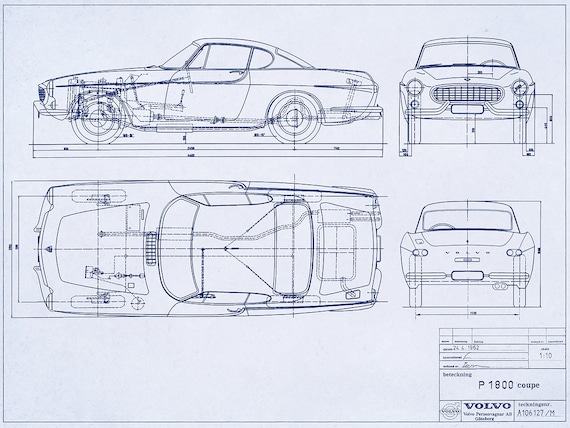 ヴィンテージ ボルボ P1800 クーペ ブループリント アートプリント  