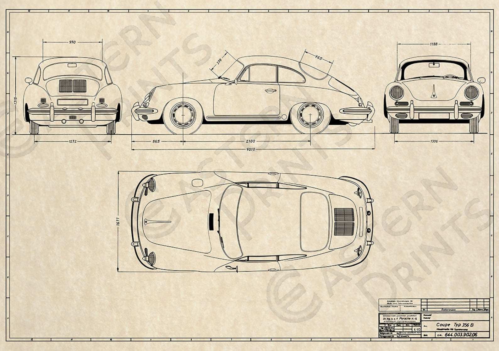 Classic Porsche 356B Coupe Blueprint Art Print Etsy