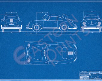PORSCHE356A coup ポルシェ 設計図 製図 図面 プリントポスター クラシックなポルシェ 356/2 シュトゥットガルト クーペのブルー