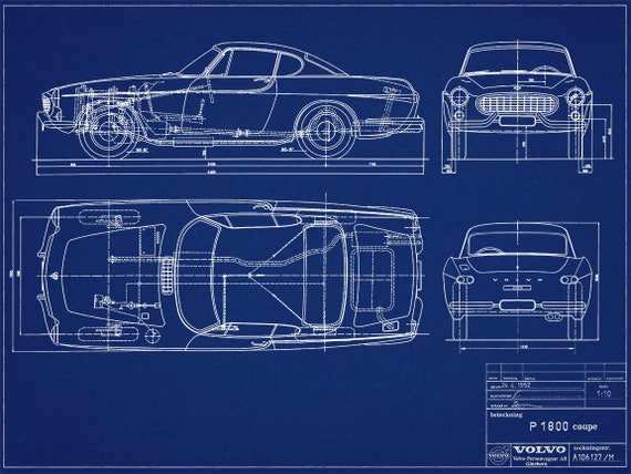 ヴィンテージ ボルボ P1800 クーペ ブループリント アートプリント  