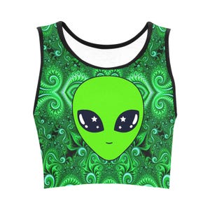 Alien Festival Crop Top | Green Fractal Rave Outfit | Women&#39;s Fitted Crop Top Bonnaroo EDCLV Electric Forest Hulaween Trippy UFO