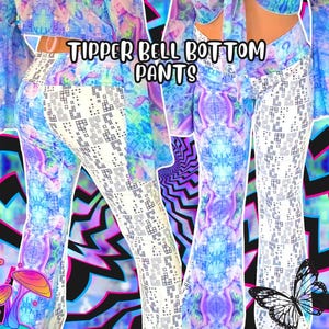 May include: A pair of white bell bottom pants with a psychedelic print featuring a blue, pink, and white color scheme. The pants have a geometric pattern and the text "Tipper Bell Bottom Pants" is printed on the front.