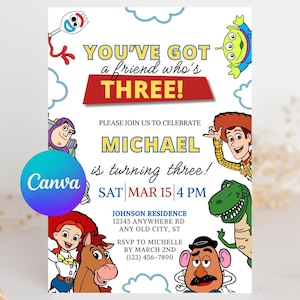 Editable Toy Story Invitation Template, Toy Story Birthday Party Invite, Digital Invitation, Kids Invite, Woody, Buzz Lightyear, Three