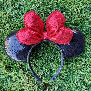 Minnie Ears, Minnie Mouse ears, Minnie Ears, Sequin Minnie Ears, Minnie, Mickey ears, Disney Ears, Mouse Ears, Red Bow