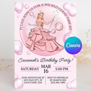 May include: Pink birthday party invitation with a cartoon illustration of a girl in a pink dress holding a wand. The text reads "Please join us for a wicked good time at Savannah's Birthday Party! Saturday, Mar 16, 5:00 PM. 12345 Adventure St, Any Old City, St, Gate Code: 1234. RSVP to Michelle by March 3rd (123) 456-7890."
