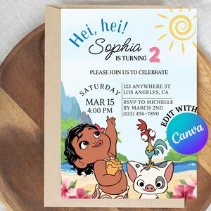 K&ouml;nnte beinhalten: Eine blaue und wei&szlig;e Geburtstagseinladung mit einem Cartoon-Bild von Moana aus dem Disney-Film Moana. Die Einladung lautet "Hei, hei! Sophia wird 2. Bitte feiern Sie mit uns am Samstag, den 15. M&auml;rz, 16:00 Uhr. 123 Anywhere St, Los Angeles, CA. RSVP an Michelle bis zum 2. M&auml;rz (123) 456-7890. Bearbeiten mit Canva."