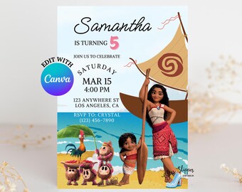 Invito di compleanno a tema Moana, Principessa dell'isola, Modello Canva modificabile (Download digitale)