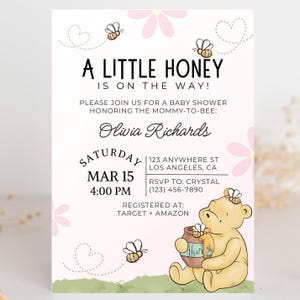 Winnie the Pooh Baby shower Invitation, Baby Shower invitation, Classic Winnie the Pooh Invitation, Little Honey, Baby Girl Shower Invite