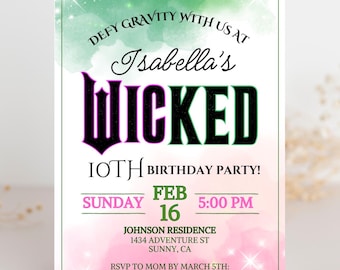 Wicked Geburtstagsfeiereinladung, Elphaba & Glinda, bearbeitbar einladen (Canva)