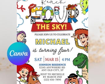 May include: A colorful invitation for a birthday party featuring characters from the Toy Story movie franchise. The invitation says "Reach Four The Sky!" and "Michael is turning four!" The party is on Saturday, March 15th at 4 PM at the Johnson Residence. The address is 12345 Anywhere Rd, Any Old City, ST. RSVP to Michelle by March 2nd at (123) 456-7890.