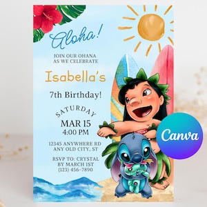 Convite de aniversário Lilo e Stitch, convite editável, Ohana, convite de aniversário Lilo, convite de aniversário Stitch, Lilo, Stitch