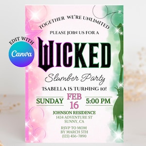 Könnte beinhalten: Eine rosa und grüne Einladung zu einer Wicked-Motto-Schlafparty. Die Einladung zeigt eine Silhouette der bösen Hexe des Westens und den Text "Gemeinsam sind wir unbegrenzt. Bitte schließen Sie sich uns zu einer Wicked-Schlafparty an. Isabella wird 10! Sonntag, 16. Februar, 17:00 Uhr. Johnson Residence, 1434 Adventure St, Sunny, CA. RSVP an Mama bis zum 5. März (123) 456-7890."