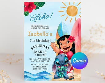 May include: A birthday invitation with a tropical theme. The invitation features the text "Aloha!" and "Isabella's 7th Birthday!" along with a cartoon character and a blue creature. Surfboards and a sun are in the background.