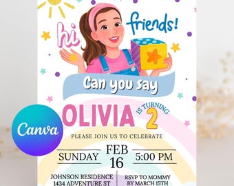 May include: A colorful birthday invitation for a girl named Olivia turning two. The invitation features a cartoon illustration of a girl holding a toy block with a star on it. The text on the invitation reads "Hi friends! Can you say Olivia is turning 2?" and includes details about the party, including the date, time, and location.