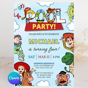 May include: A light blue invitation with the text "POOL PARTY!" and various cartoon characters. The invitation reads "MICHAEL is turning four!" and includes the date, time, and location of the party.