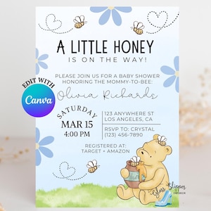 Winnie the Pooh Baby shower Invitation, Baby Shower invitation, Classic Winnie the Pooh Invitation, Little Honey, Blue Baby Shower Invite