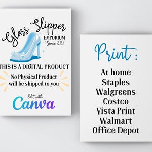 May include: Two white rectangular signs. The first sign features the text "Glass Slipper Emporium Since 2019" with a blue high-heeled shoe graphic. The text "THIS IS A DIGITAL PRODUCT" and "No Physical Product will be shipped to you" are also present. The second sign lists printing options.
