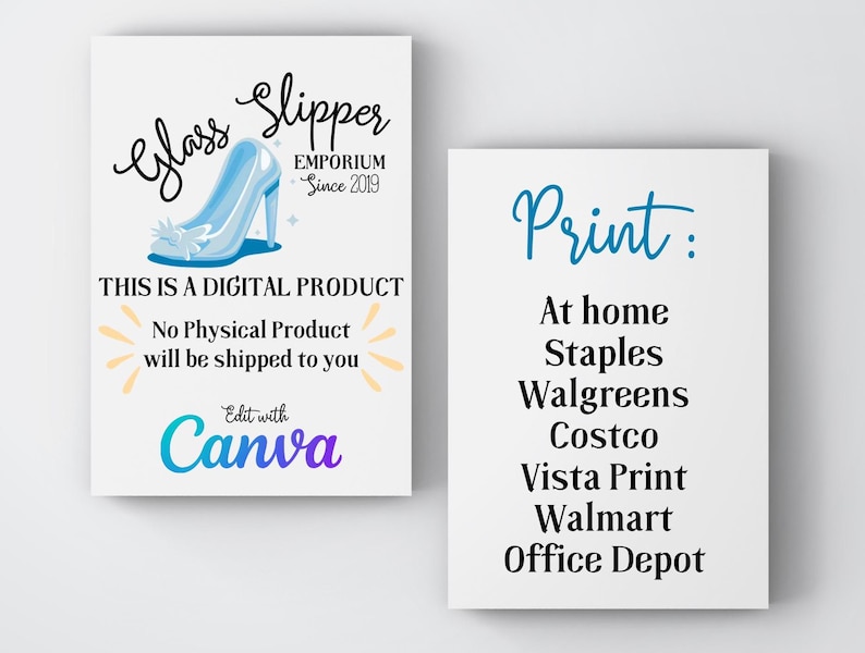 May include: Two white rectangular signs. The first sign features the text "Glass Slipper Emporium Since 2019" with a blue high-heeled shoe graphic. The text "THIS IS A DIGITAL PRODUCT" and "No Physical Product will be shipped to you" are also present. The second sign lists printing options.