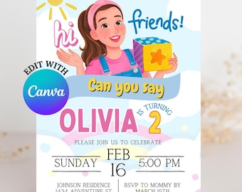 May include: A colorful birthday invitation for a girl named Olivia turning two. The invitation features a cartoon illustration of a girl holding a toy block and the text "hi friends! Can you say Olivia is turning 2". The invitation also includes the date and time of the party, the location, and RSVP information.