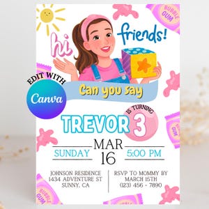 May include: A colorful birthday invitation for a boy turning three. The invitation features a cartoon girl holding a gift box and the text "hi friends! Can you say Trevor is turning 3?"  The invitation is decorated with bubble gum and a sun. The date and time of the party are listed as "Sunday, March 16, 5:00 PM".
