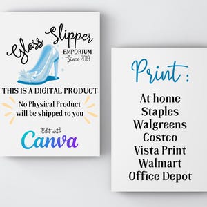 K&ouml;nnte beinhalten: Ein digitaler druckbarer Entwurf mit einem blauen Glaspantoffel mit dem Text "Glass Slipper Emporium Since 2019". Der Text "This is a digital product. No physical product will be shipped to you. Edit with Canva" ist ebenfalls enthalten. Der Entwurf enth&auml;lt auch eine Liste von Orten, an denen der Entwurf gedruckt werden kann, darunter "At home, Staples, Walgreens, Costco, Vista Print, Walmart, Office Depot."
