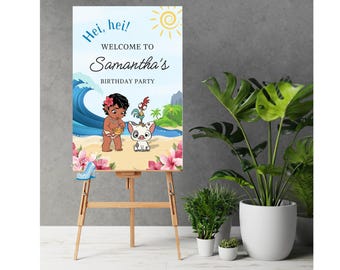 Cartello di benvenuto per il compleanno di Moana, Principessa dell'isola, modificabile su Canva (download digitale)