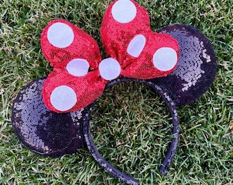 MISS MOUSE Ears Headband, Velvet Polka Dot Bow, Sequin  display picture 1