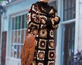Women 39 s long cardigan hand knitted crochet in Tehnica granny square crochet clothing woman boho chic style gift beautiful woman Rebecca