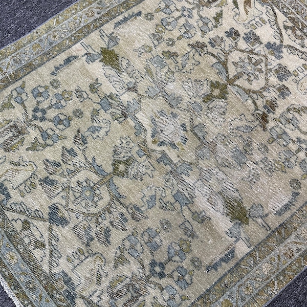 3’6”x4’2” ft. Vintage Persian neutral colors nomadic floral mini entryway rug. soft colors authentic Oushak rug for kitchen. sky blue rug.