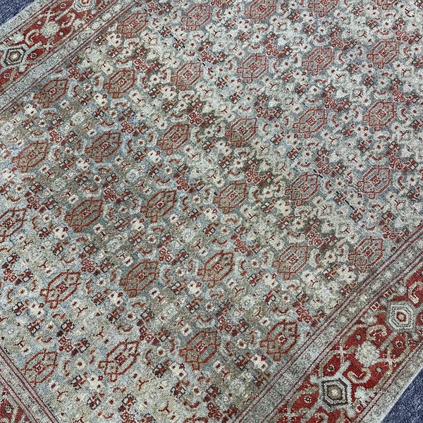 3’7”x4’11” ft. vintage Persian neutral colors all over design mini entryway rug. soft colors nomadic authentic distressed gothic Oushak rug