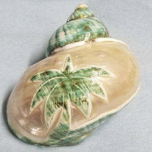 May include: A large, carved seashell with a green and white swirl pattern on the top and a carved palm tree design on the bottom.