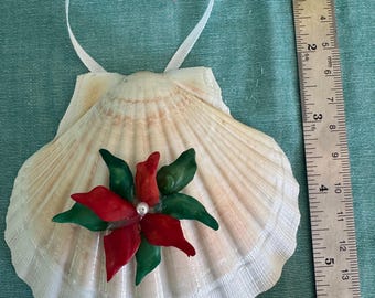 Christmas ornament scallop Irish deep with gar fish scale poinsettia