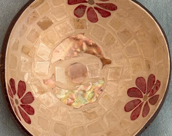 Coconut bowl inlaid shell polished and dyed.