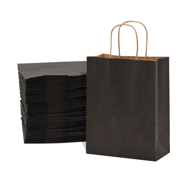 Prime Line Packaging Black Gift Bags with Handles, Small Kraft Paper Gift Bags, Craft Totes Bulk for All Occasions (8x4x10)