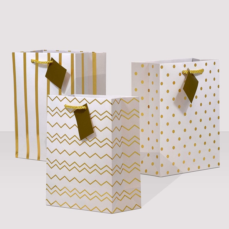 Metallic Gold Paper Gift Bags With Handles Chevron Polka Dot Etsy