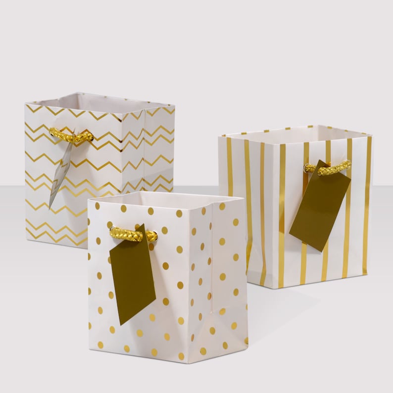 Small Metallic Gold Paper Gift Bags With Handles Chevron Etsy