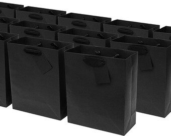 Black Gift Bags - 12 Pack Black Paper Gift Bags with Fancy Handles, Luxury Shopping Euro Totes, Premium Gift Wrap - Assorted Sizes