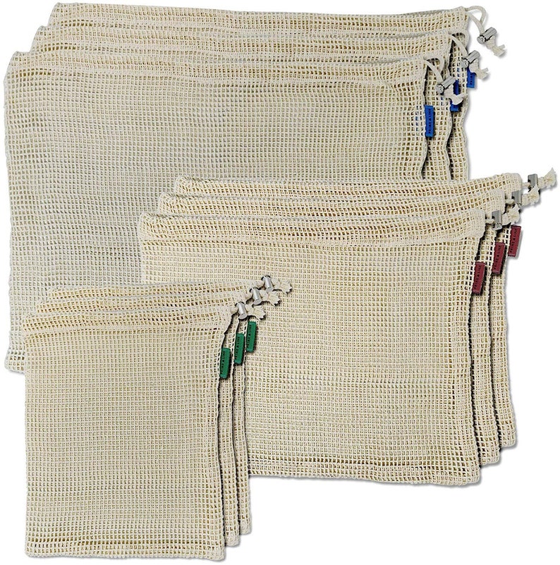 Premium Reusable Mesh Produce Bags TARE WEIGHT TAGS Set of 9-3 Sizes