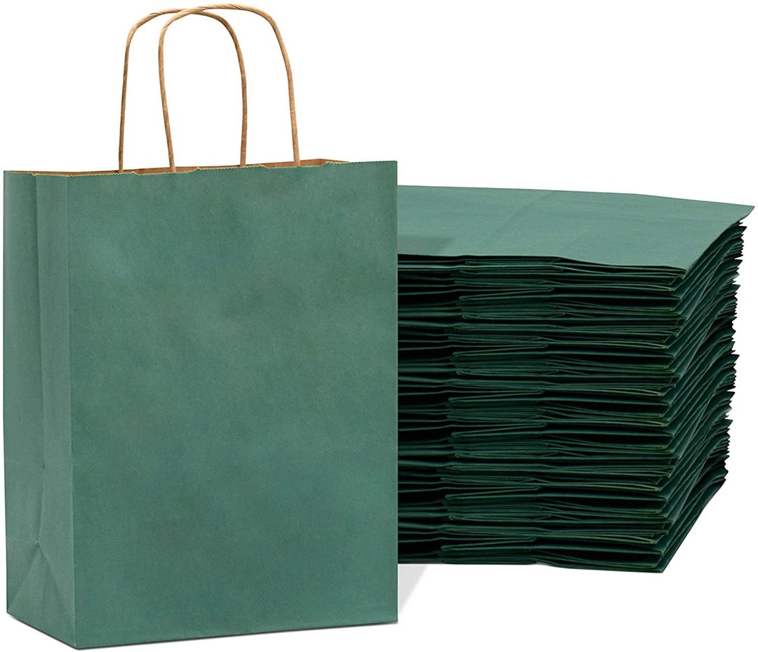 Green Gift Bags in Bulk 8x4x10 Inch Small Kraft Paper Shopping Bags