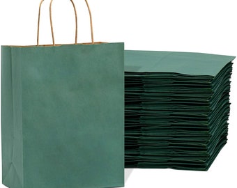 Green Gift Bags in Bulk - 8x4x10 Inch Small Kraft Paper Shopping Bags with Handles, Craft Totes in Bulk for All Occasions