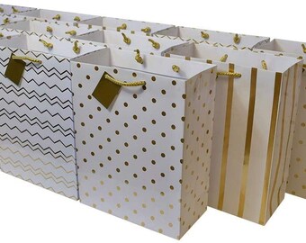 Gold Gift Bags - 12 Pack Metallic Designer Paper Bags with Handles, Fancy Gift Wrap Eurto Totes with Polka Dot- Assorted Sizes