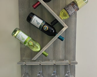 Wine Bottle and Glass Wine Holder, Rustic Wall Wine Rack, Wine Rack Wall Mounted