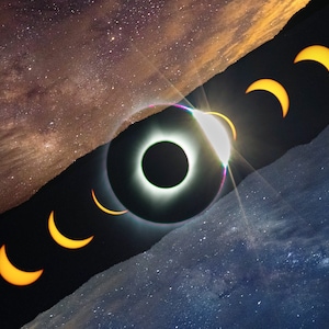 Könnte beinhalten: Ein zusammengesetztes Bild, das eine totale Sonnenfinsternis mit der sichtbaren Sonnenkorona zeigt. Das Bild ist in zwei Hälften geteilt, wobei die obere Hälfte die Finsternis zeigt, wie sie fortschreitet, und die untere Hälfte die Finsternis zeigt, wie sie zurückgeht. Das Bild ist vor einem Hintergrund von Sternen platziert.