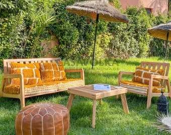 Handmade Oak Wood Sectional Sofa: Mid-Century Modern Moroccan Design