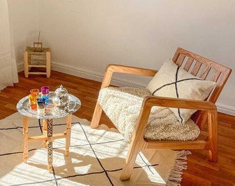 Mid-Century Modern Oak Accent Chair: Handmade Moroccan Rug Lounge Armchair