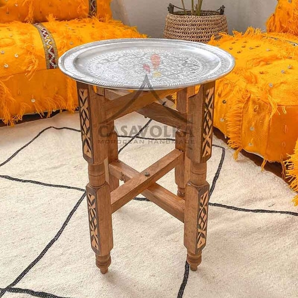 Table à thé en laiton marocain, base de table basse, table basse ronde, plateau de service en laiton