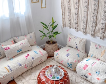 Unstuffed Moroccan Floor Cushion Set: Wool Kilim Rug Seating, Pouches Included