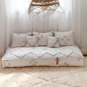 Boho Cactus Silk Moroccan Floor Couch Set: Low Seating, Unstuffed Poufs