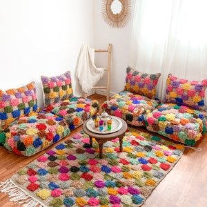 Moroccan Checkered Pouf  Floor Couch Floor Seating Unstuffed Complete set Long Floor Cushion + Stuffing Zipped Pouches, Moroccan Floor Sofa