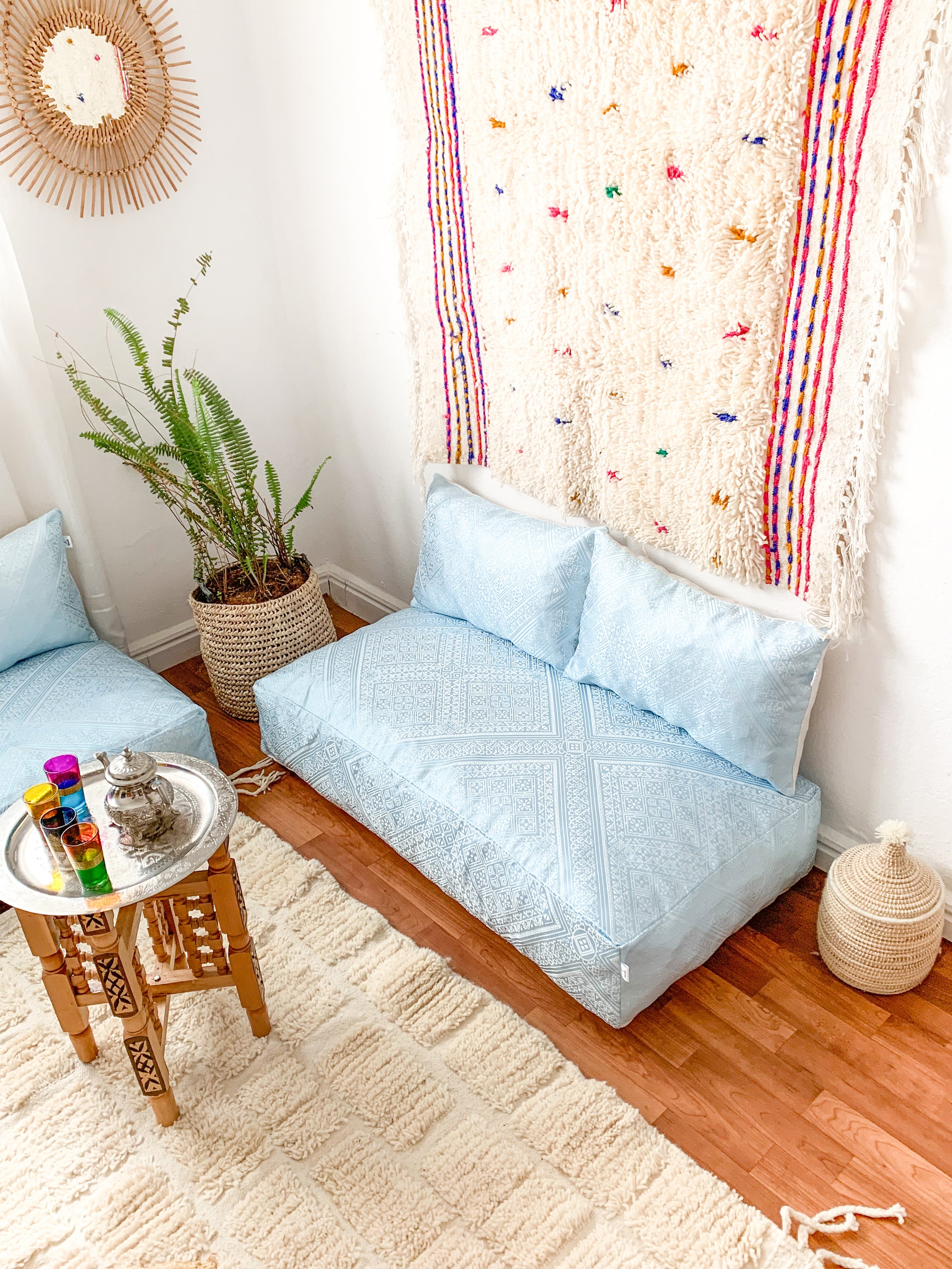 Moroccan Floor Cushion Sofa, Unstuffed Complete Set, Long Pouf